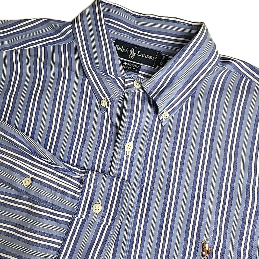Polo Ralph Lauren Yarmouth Mens 17 1/2  34 Button Down Blue Stripes Flesh Pony‎